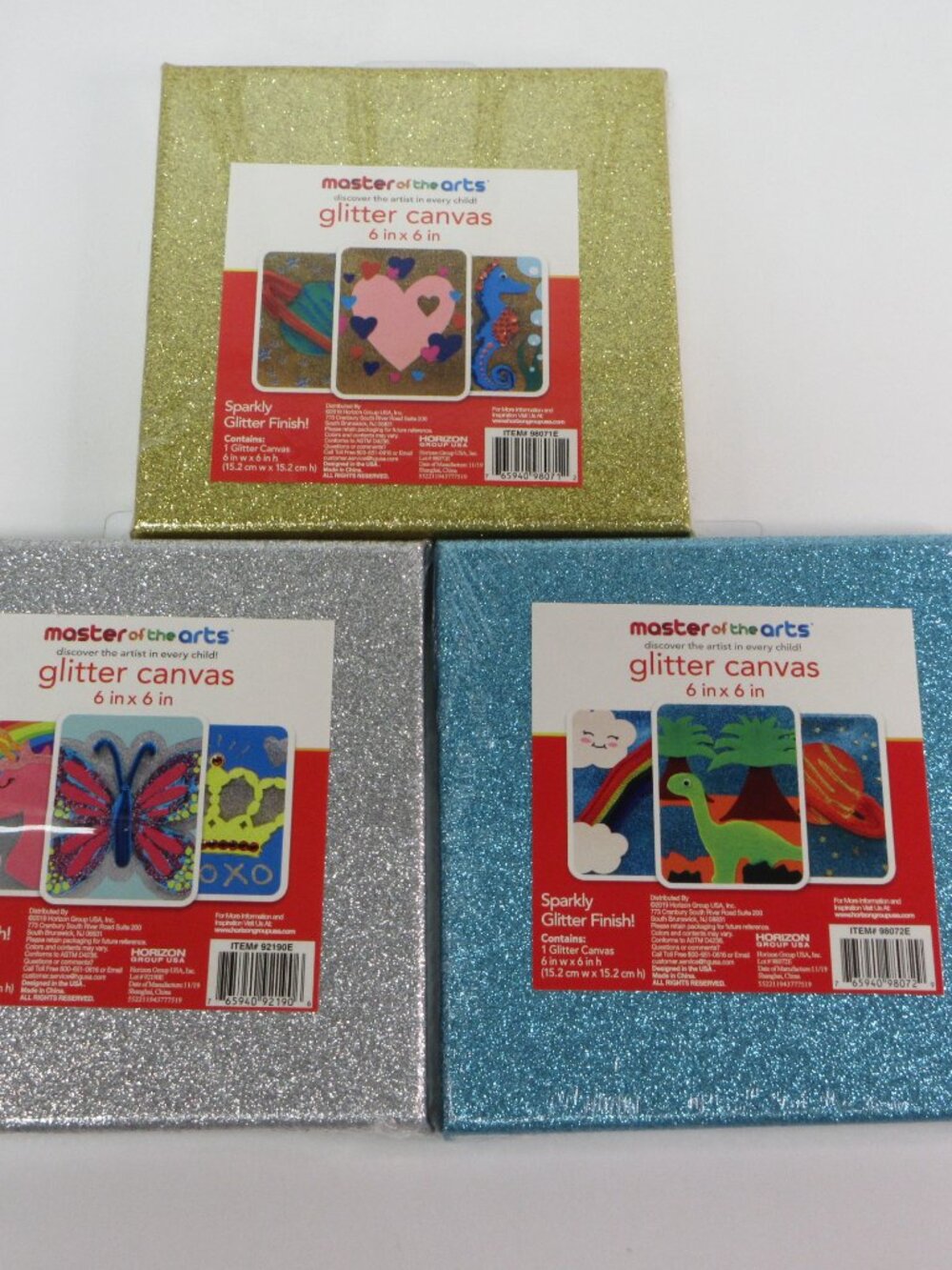 Lot of 3 Mini Glitter Canvas 6”x6” Sparkly Master Of The Arts Gold Silver Blue